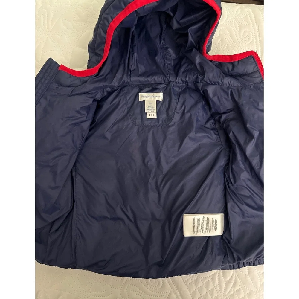 Ralph Lauren Navy Blue Down Puffer Hooded Jacket Size 12 Months Packable Bag